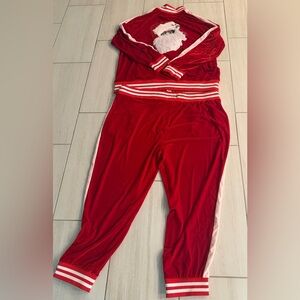 Christmas 2 piece suit for men Red Velour Tracksuit with White Stripe